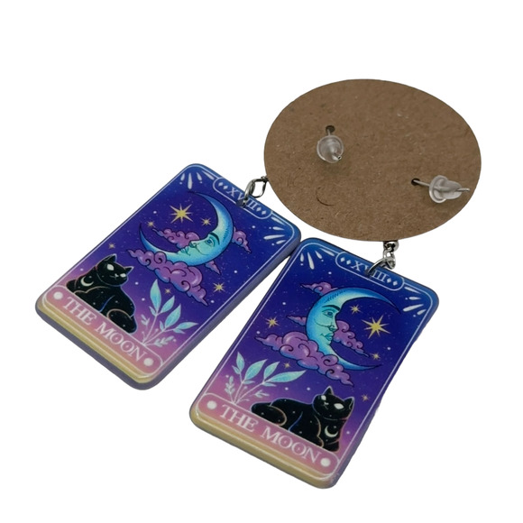Tarot Card Moon Black Cat Earrings Celestial Magic Mystical Goth w/ Gift Box NEW - Picture 4 of 6